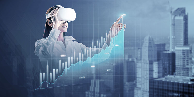Attractive young european businesswoman with VR glasses and abstract glowing forex candlestick chart on blurry city background. Augmented reality and technology concept. Mock up place. Double exposure.